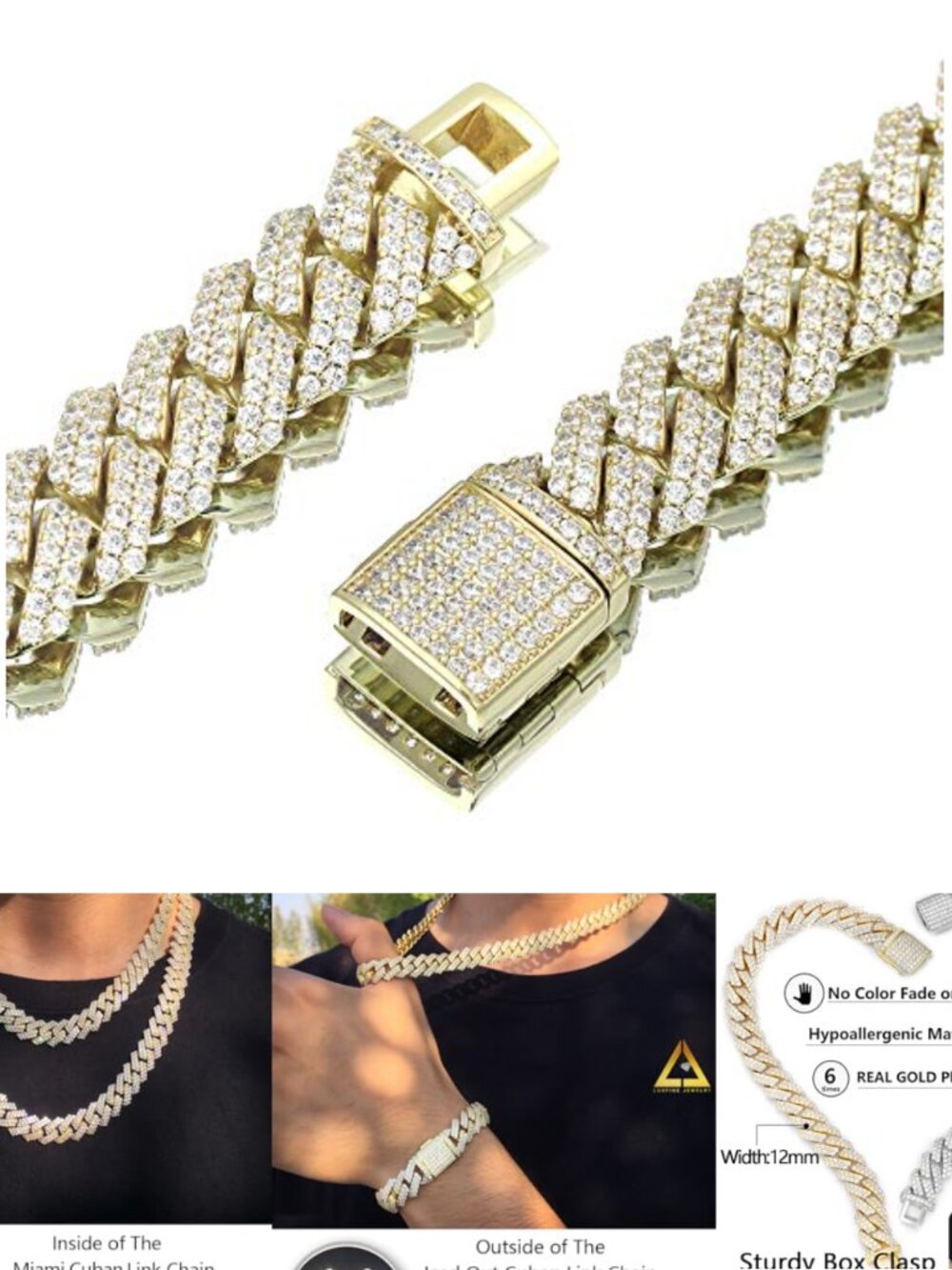 14K Real Gold Plated Cuban Link Chain Necklace 12mm CZ Prong Set Hypoallergenic